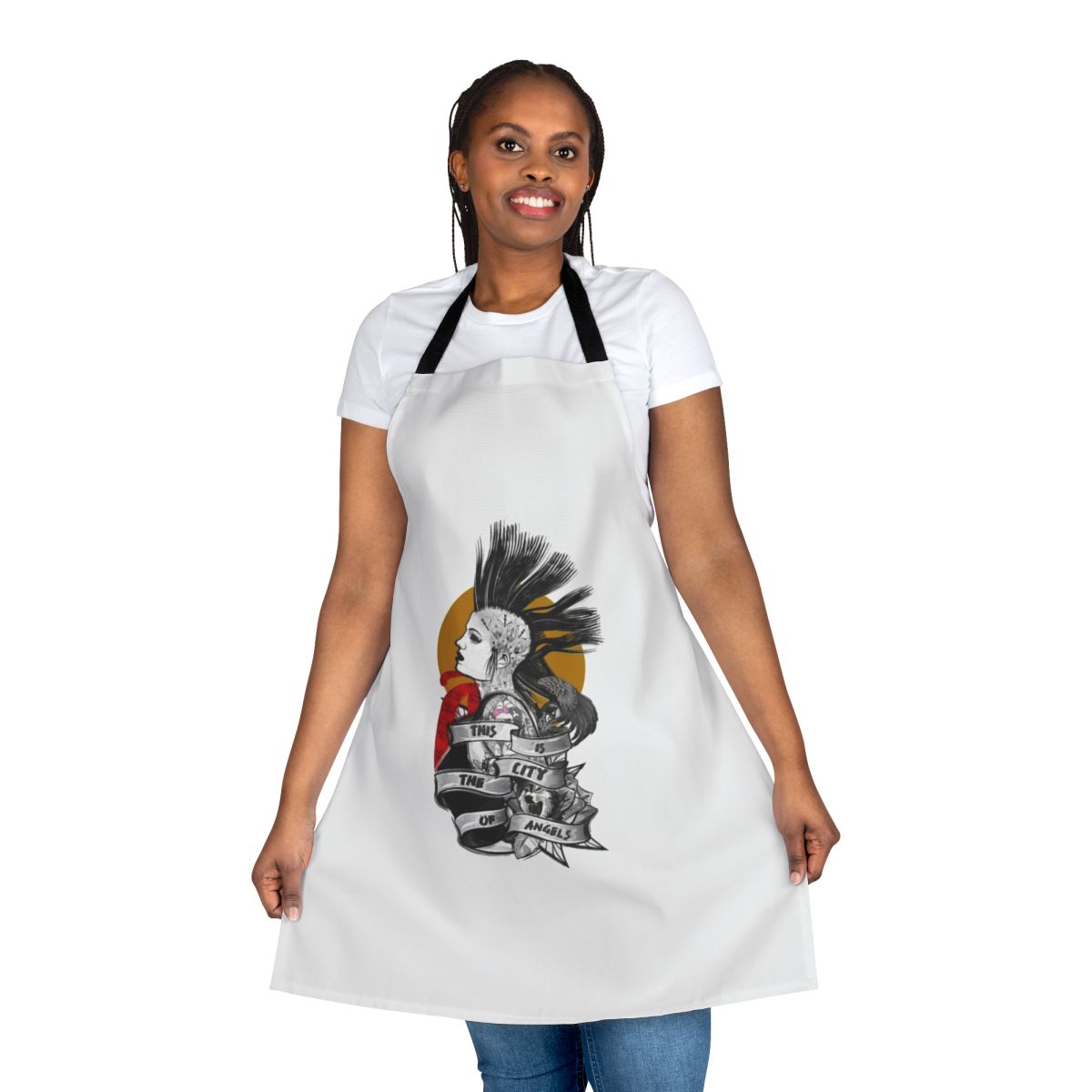 Stylish apron featuring a punk rock band design for music enthusiasts