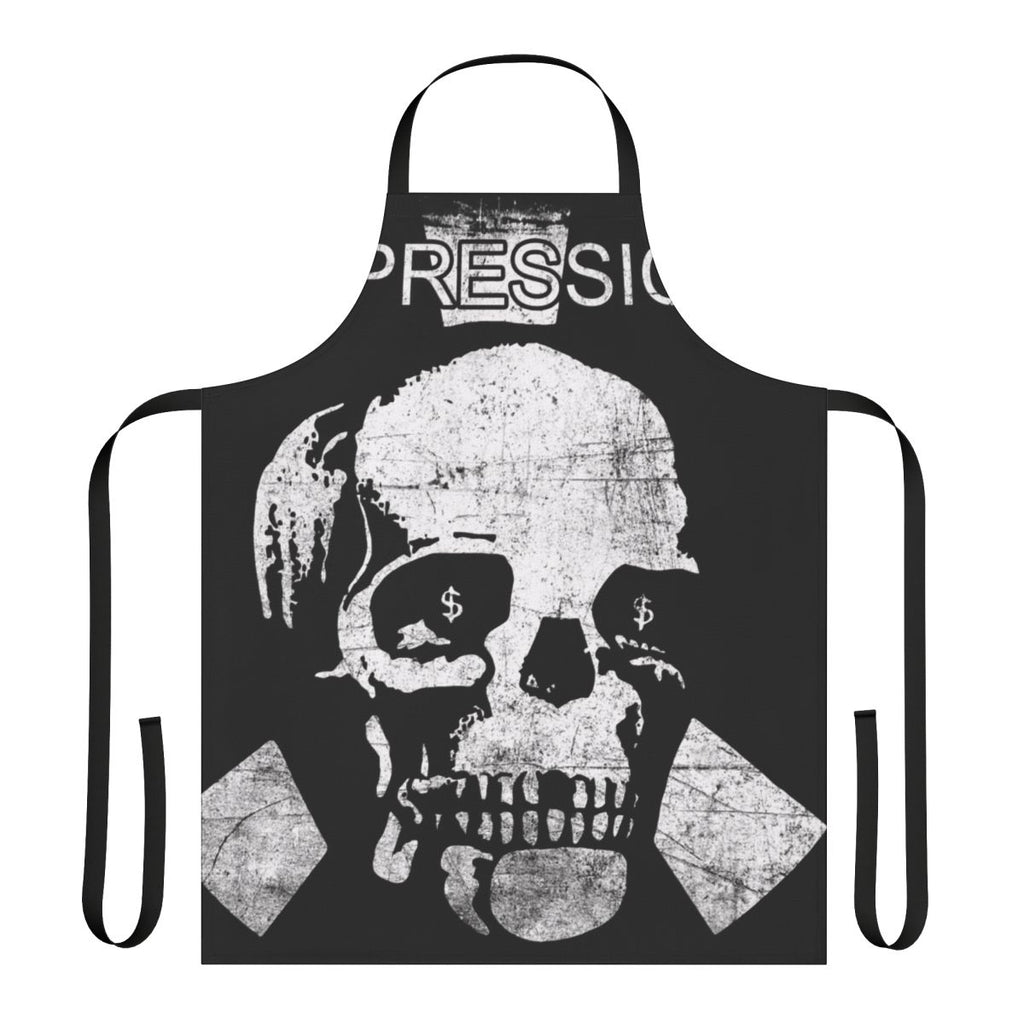 Depression-themed punk rock apron with bold design
