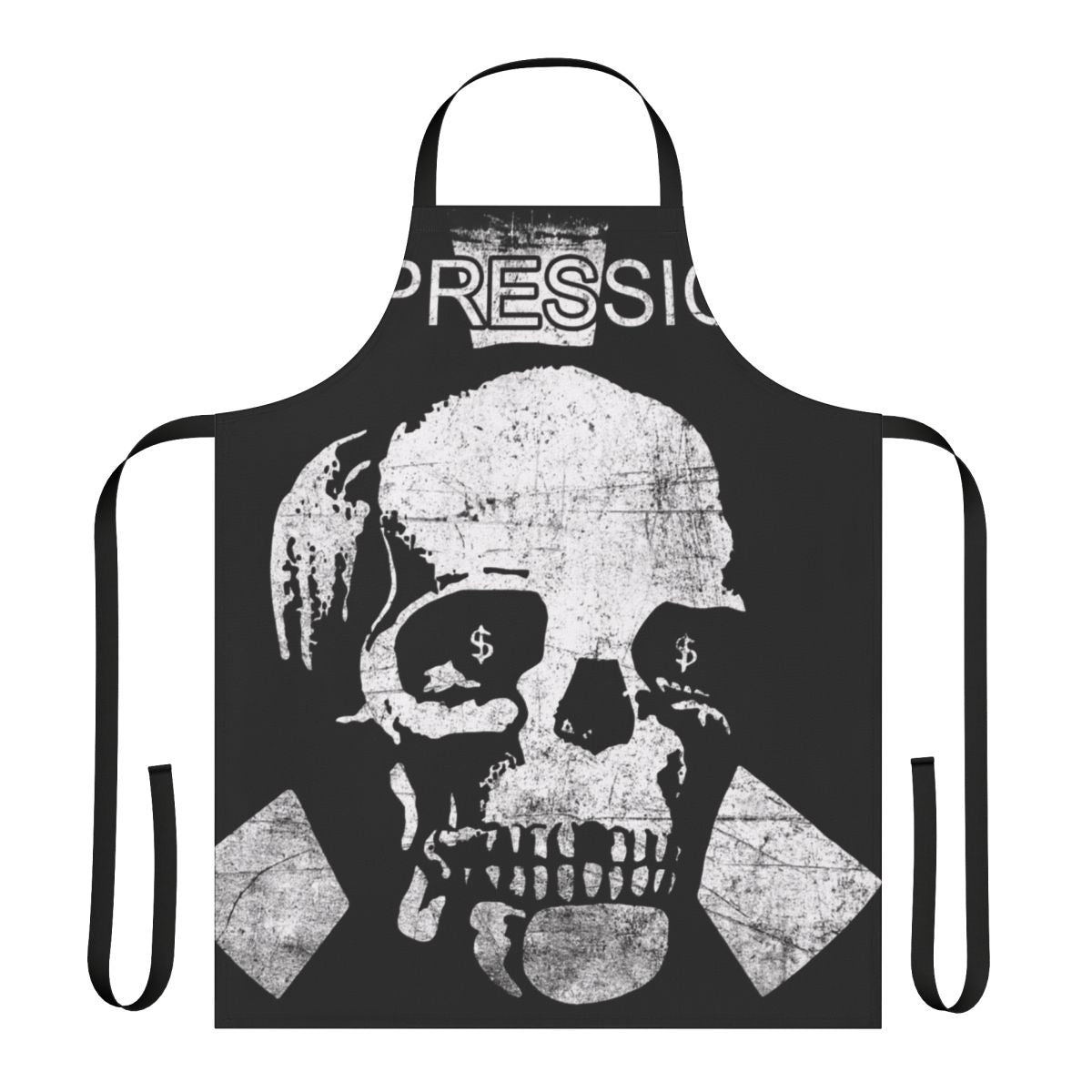 Depression-themed punk rock apron with bold design
