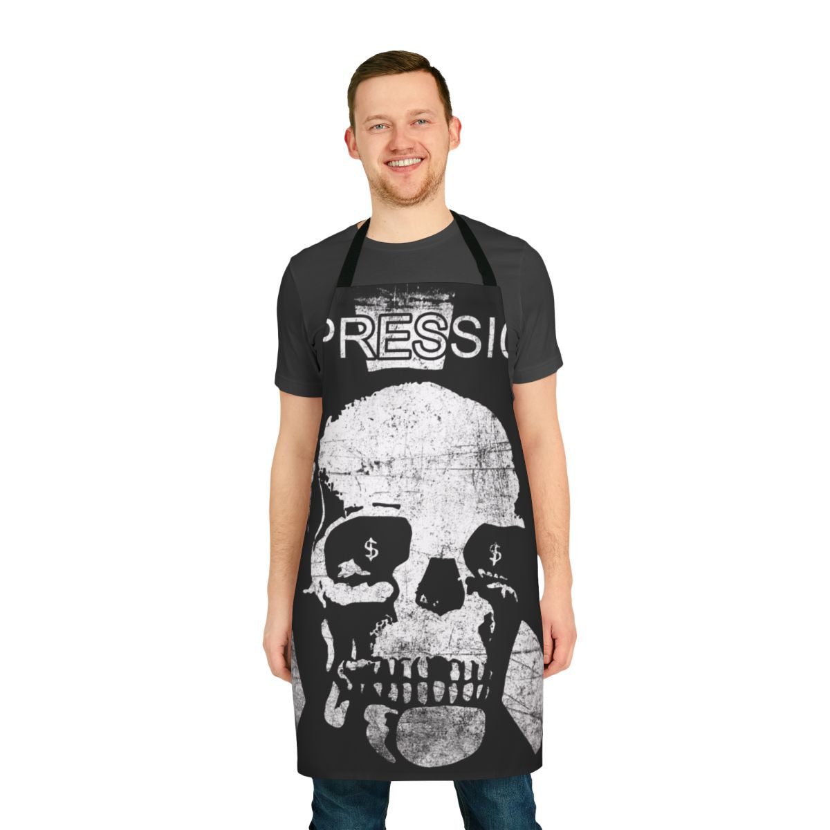 Depression-themed punk rock apron with bold design