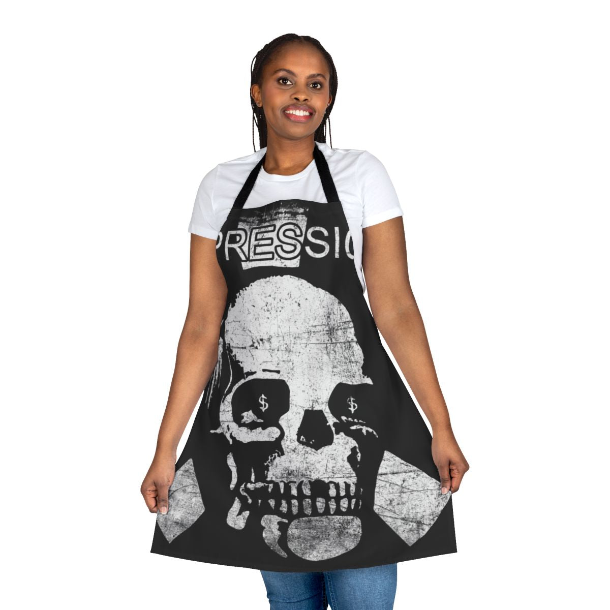 Depression-themed punk rock apron with bold design