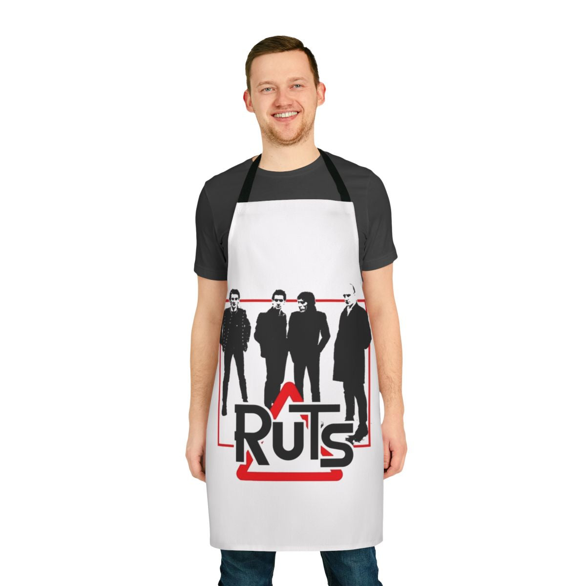 Punk rock-themed apron with The Ruts and Ramones-inspired design