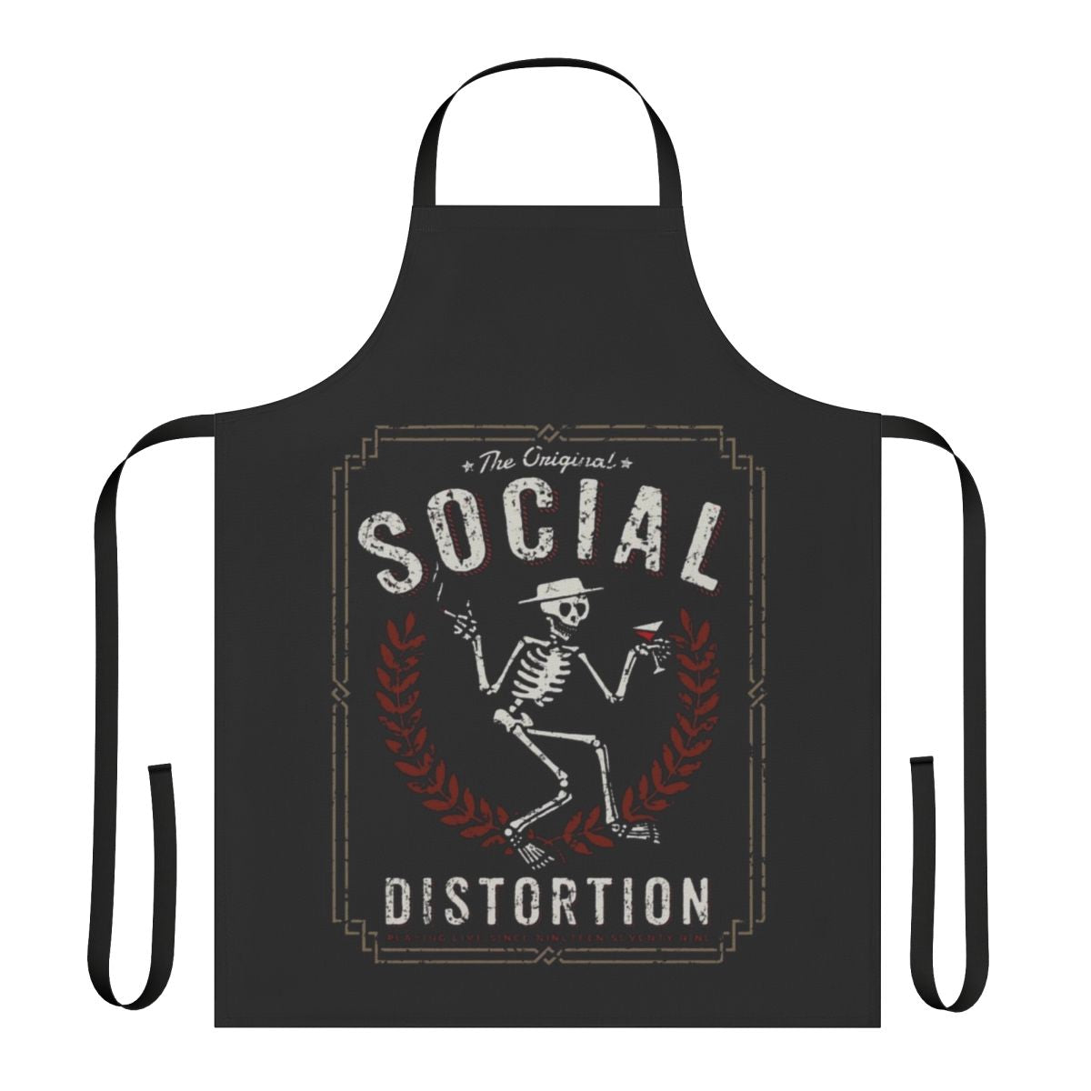 Punk rock-inspired apron featuring the Social Distortion band logo