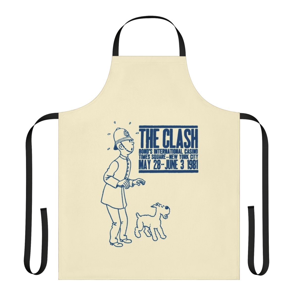 Punk rock-themed apron featuring a graphic inspired by "The Bobby" comic and The Clash band
