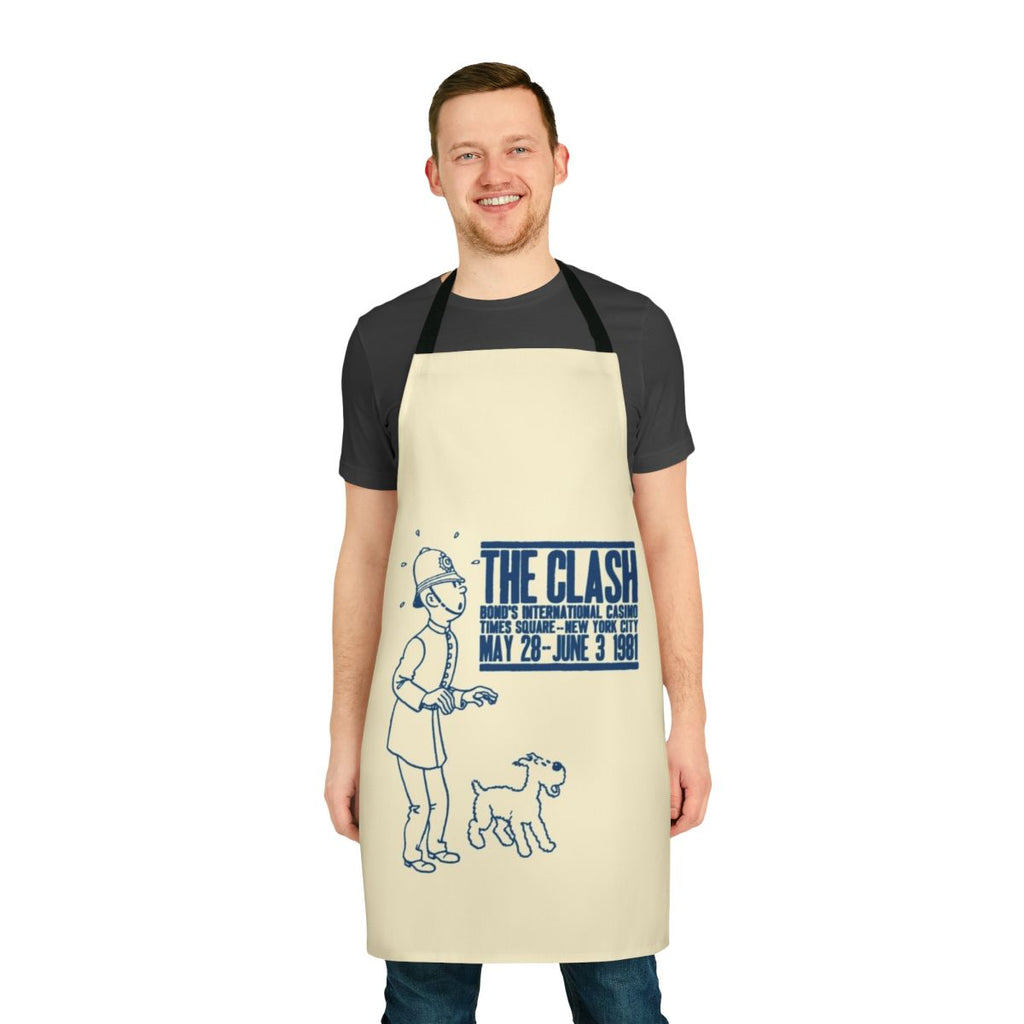 Punk rock-themed apron featuring a graphic inspired by "The Bobby" comic and The Clash band