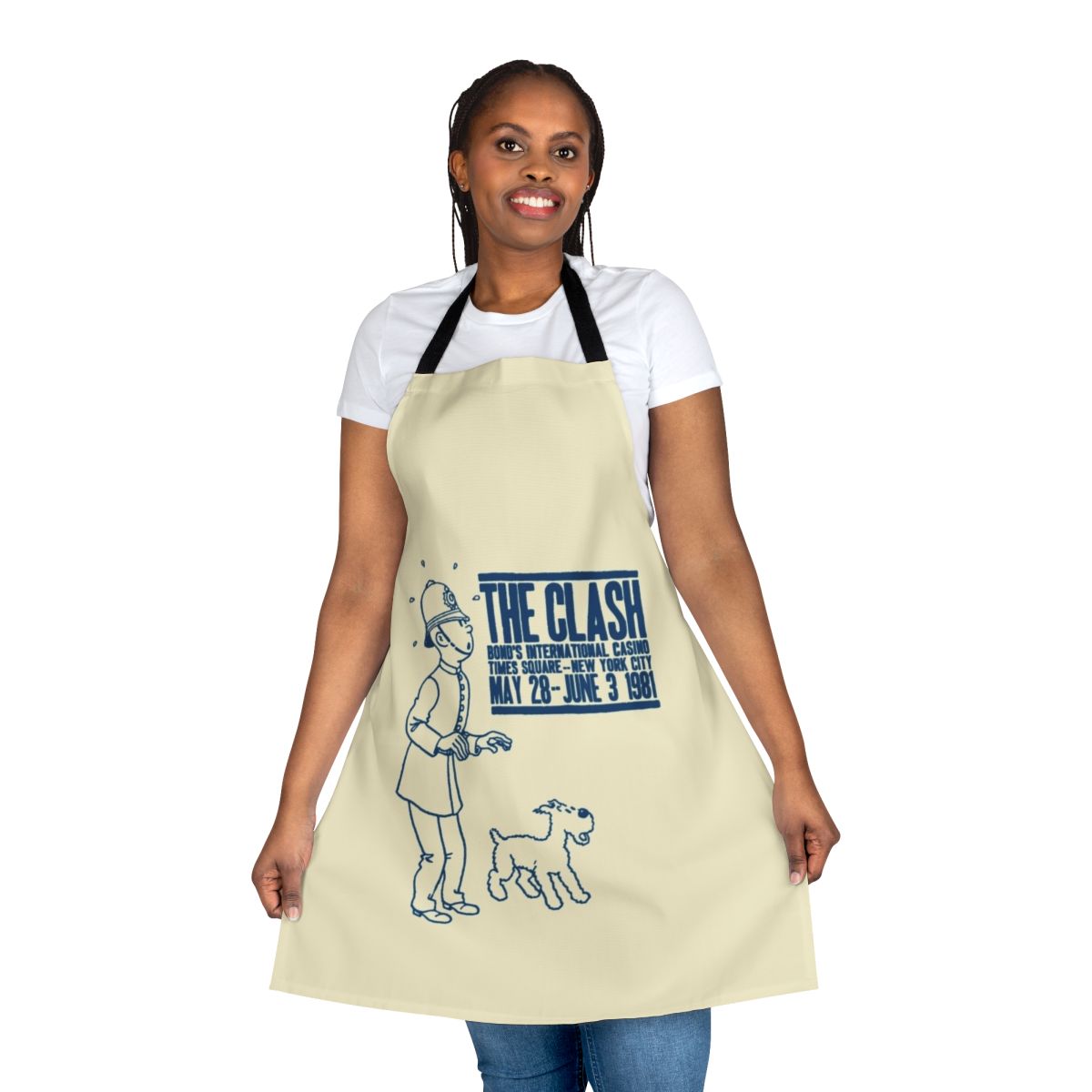 Punk rock-themed apron featuring a graphic inspired by "The Bobby" comic and The Clash band