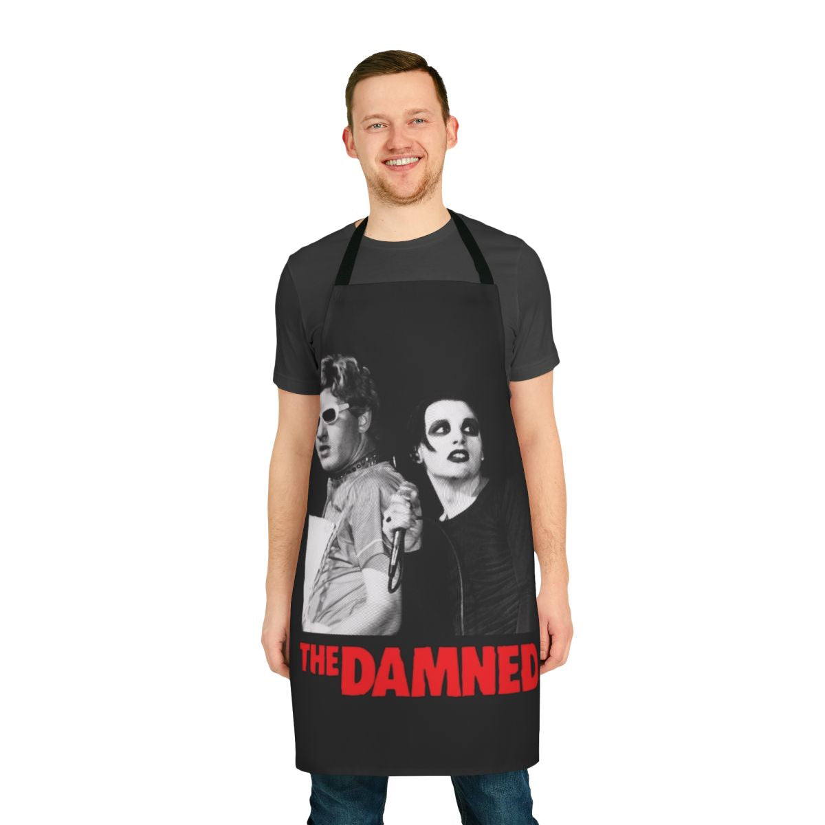 Punk rock inspired apron featuring The Damned band logo and imagery