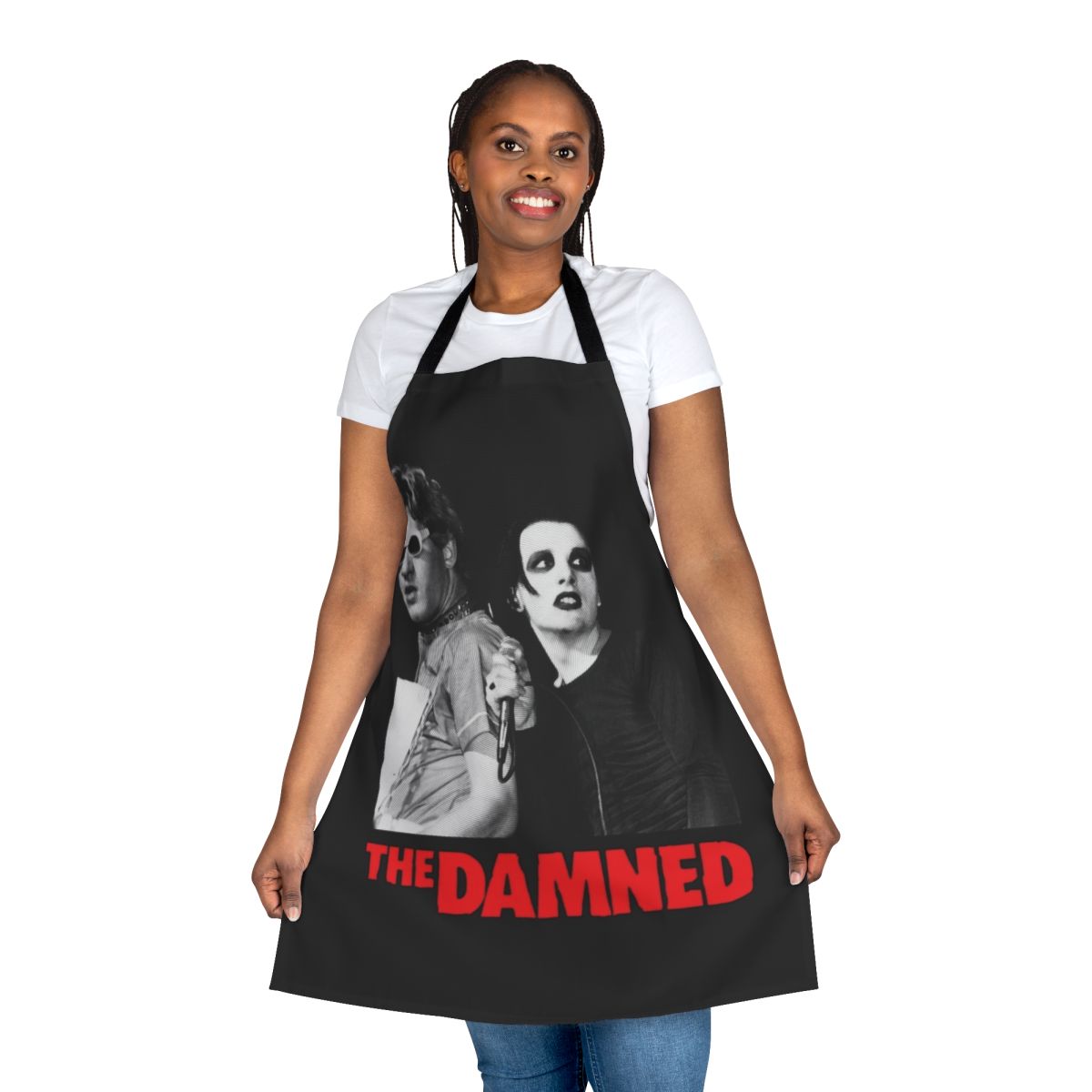 Punk rock inspired apron featuring The Damned band logo and imagery