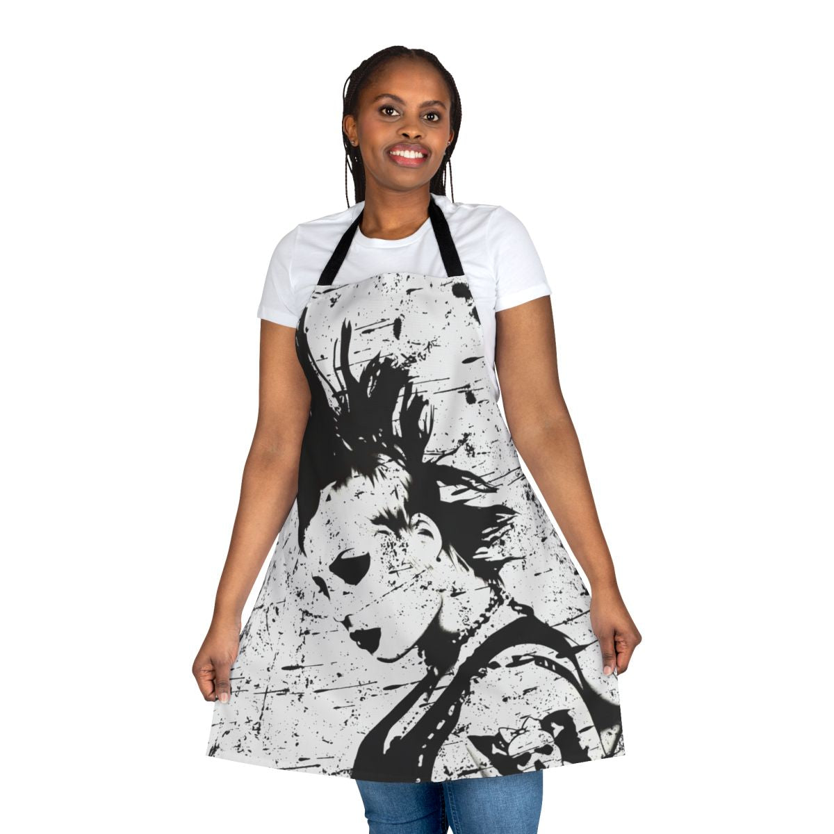 Punk rock inspired black and white apron featuring Brody Dalle, lead singer of The Distillers