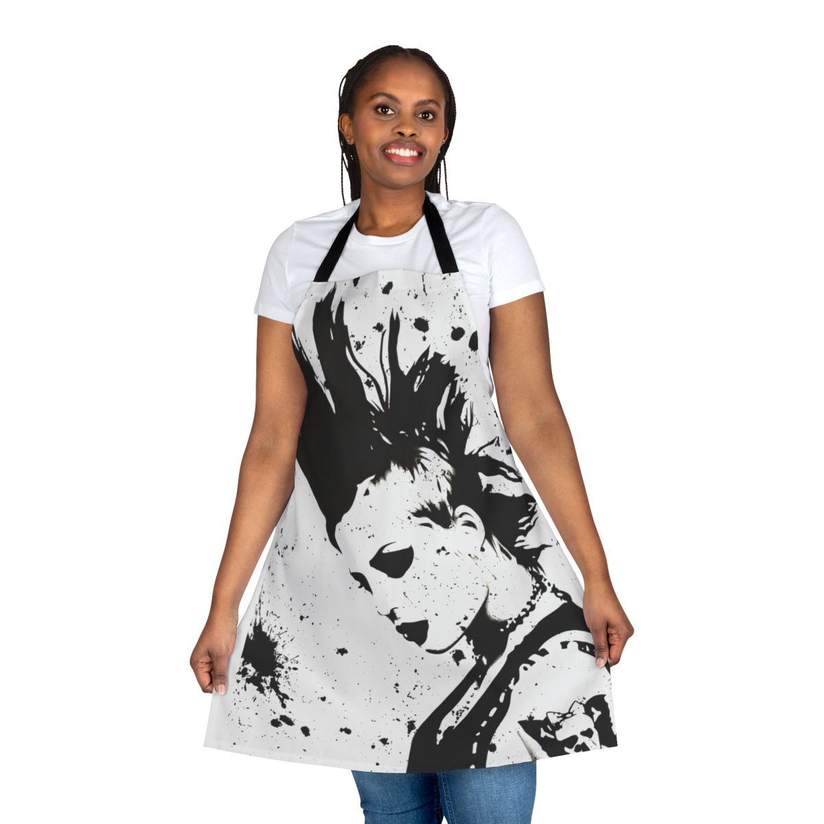 Black and white sketch portrait of punk rock musician Brody Dalle on an apron
