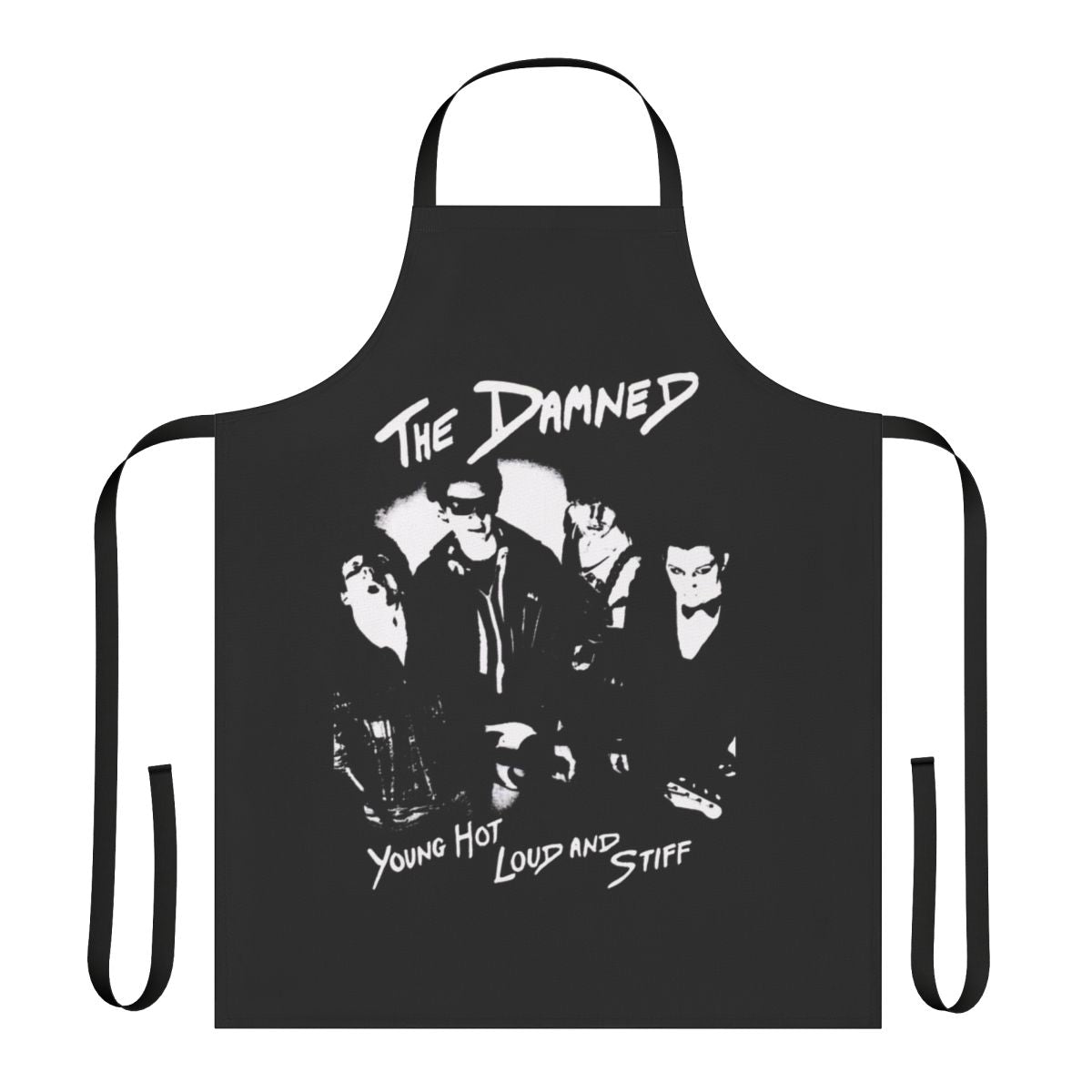Punk rock inspired apron featuring the iconic Damned logo and band imagery