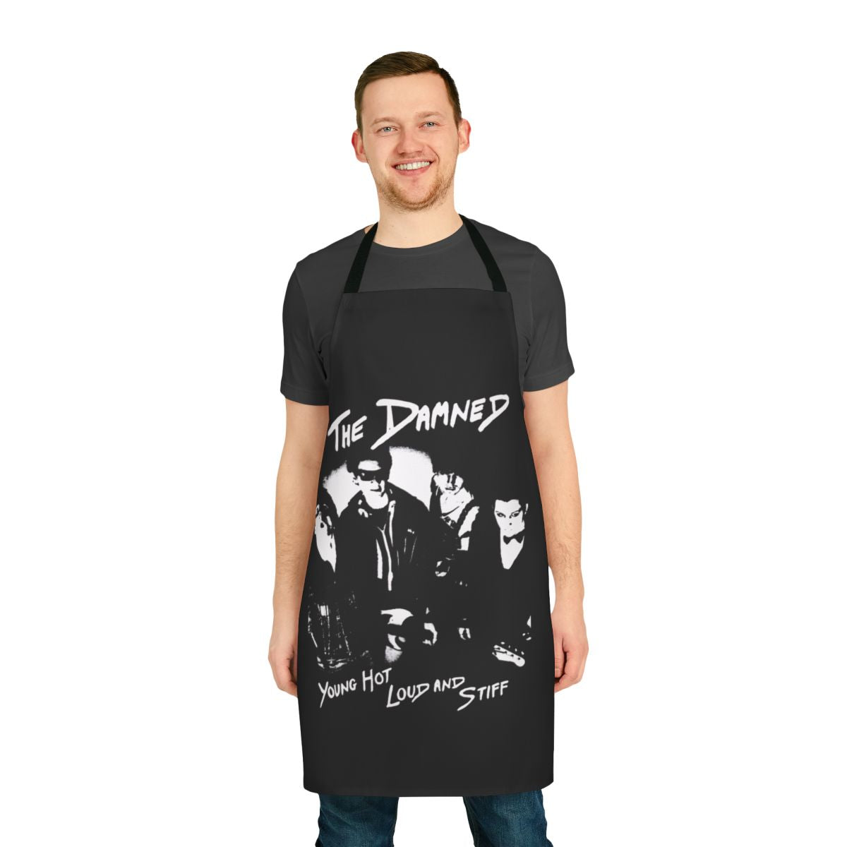 Punk rock inspired apron featuring the iconic Damned logo and band imagery