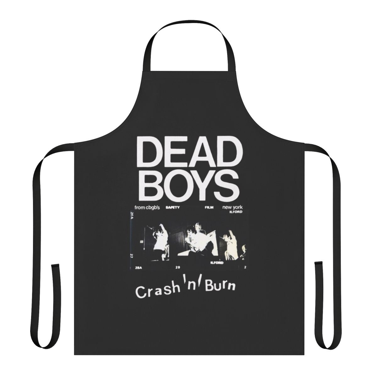 Black apron with Dead Boys punk band logo and designs