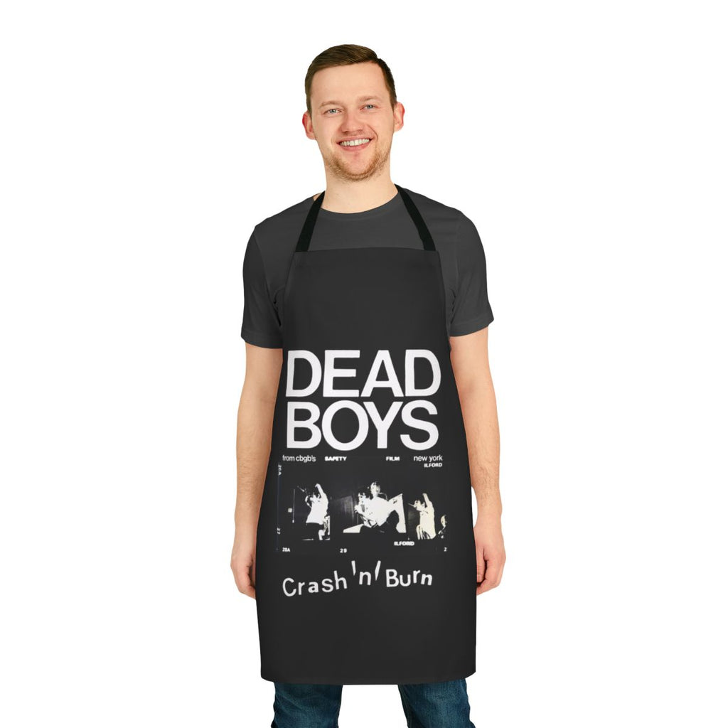 Black apron with Dead Boys punk band logo and designs