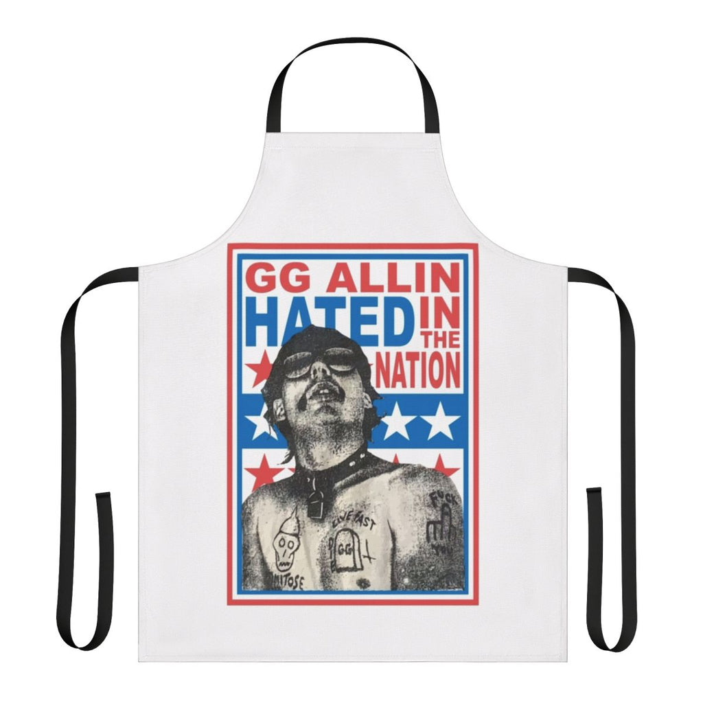 Punk rock inspired apron featuring the artwork and name of the controversial musician Gg Allin and his album "Hated In The Nation"