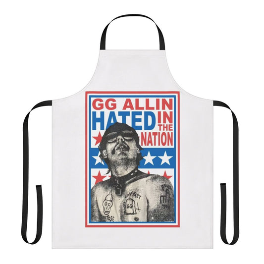 Punk rock inspired apron featuring the artwork and name of the controversial musician Gg Allin and his album "Hated In The Nation"