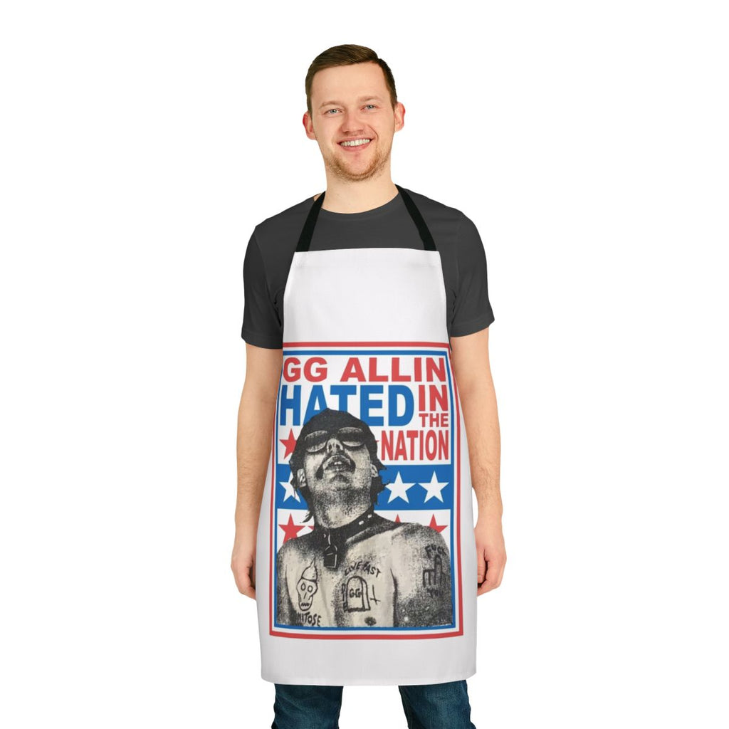 Punk rock inspired apron featuring the artwork and name of the controversial musician Gg Allin and his album "Hated In The Nation"