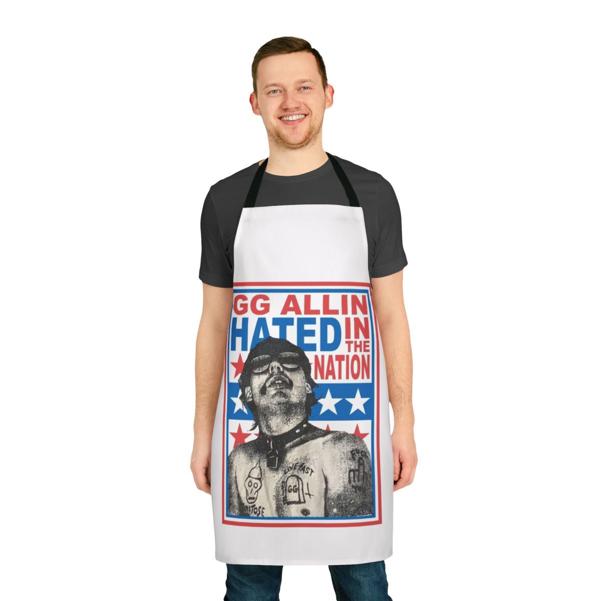Punk rock inspired apron featuring the artwork and name of the controversial musician Gg Allin and his album "Hated In The Nation"