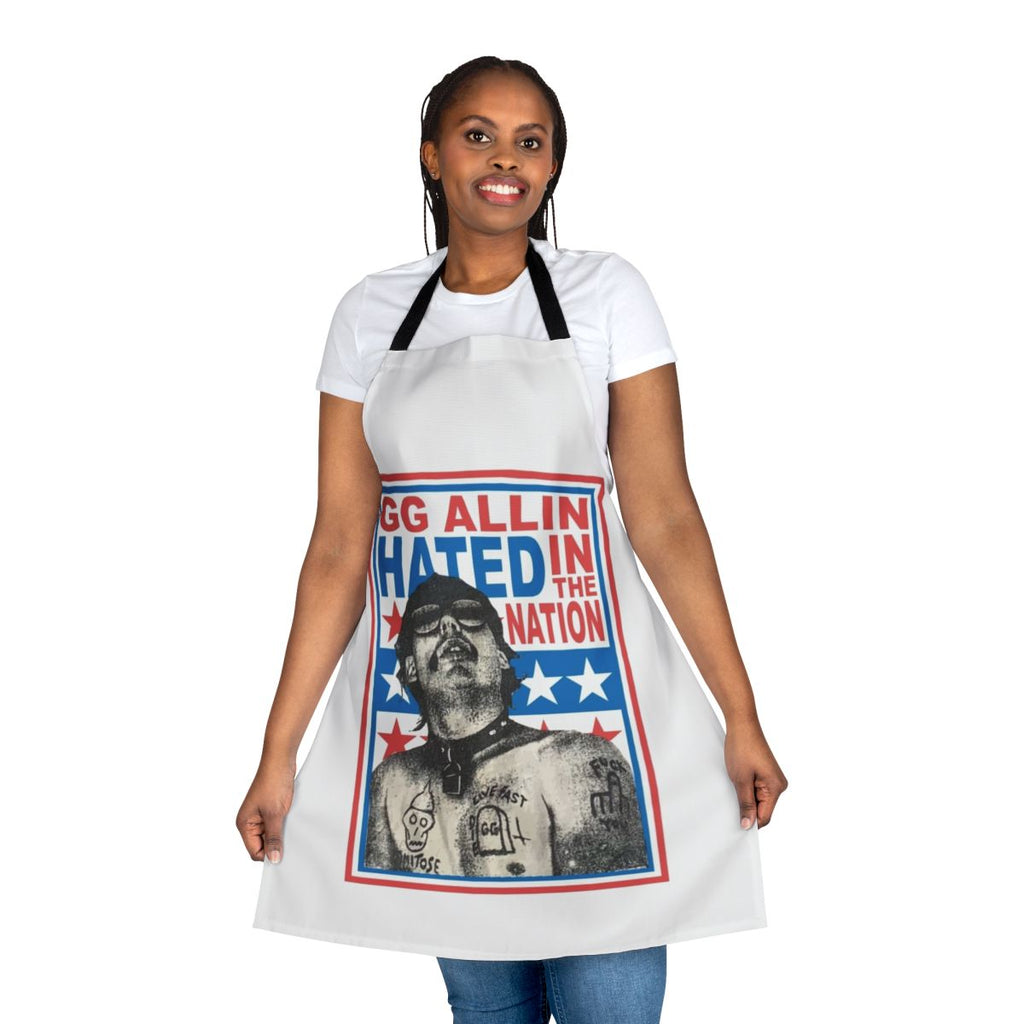 Punk rock inspired apron featuring the artwork and name of the controversial musician Gg Allin and his album "Hated In The Nation"