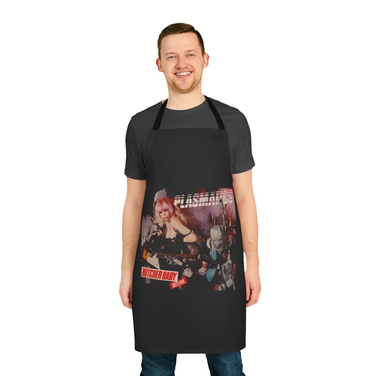 Plasmatics band logo and artwork printed on a high-quality kitchen apron