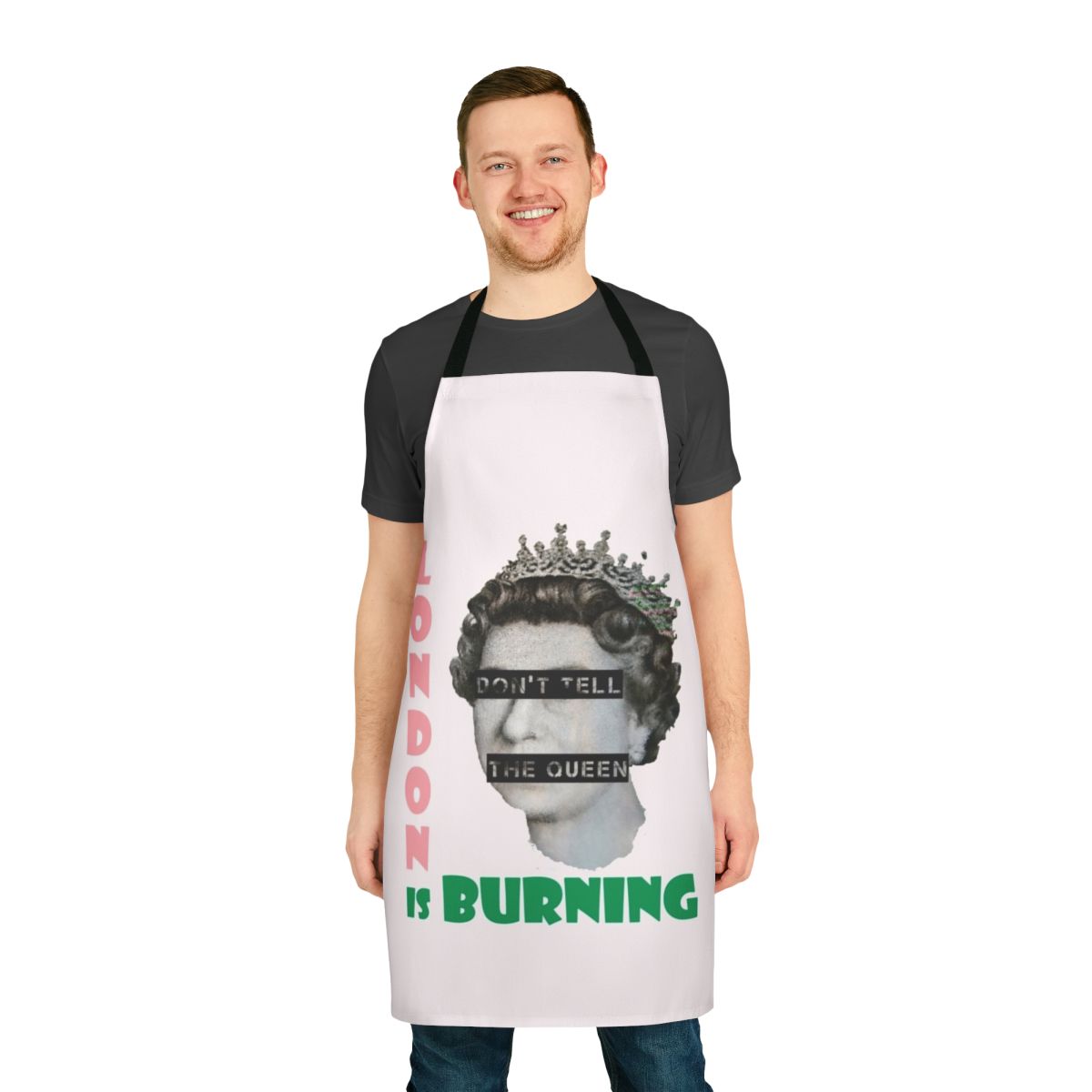 Punk-inspired apron with "London Is Burning" design