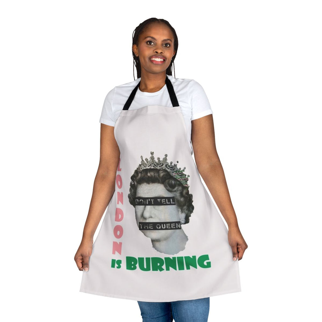 Punk-inspired apron with "London Is Burning" design