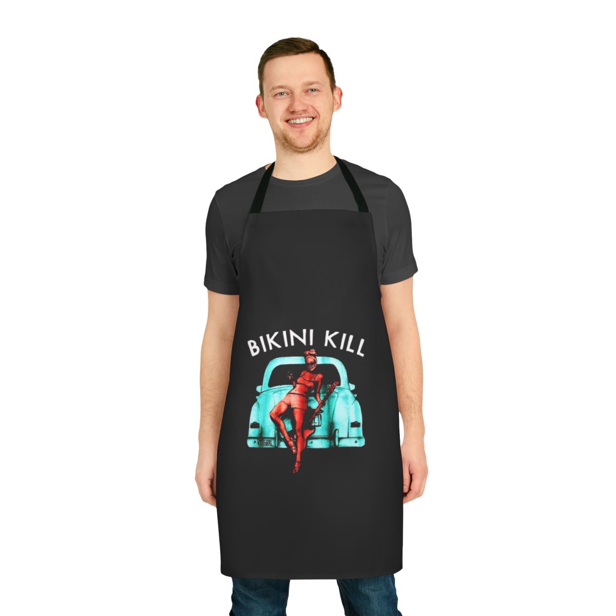 Apron featuring the Bikini Kill band logo and punk rock music design