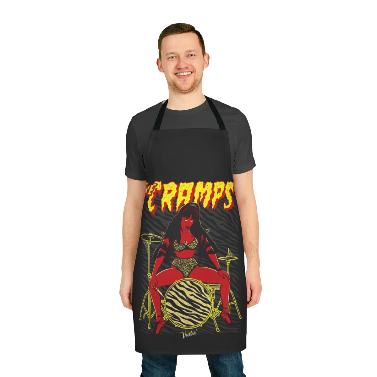 Punk rock retro apron featuring The Cramps band logo and imagery