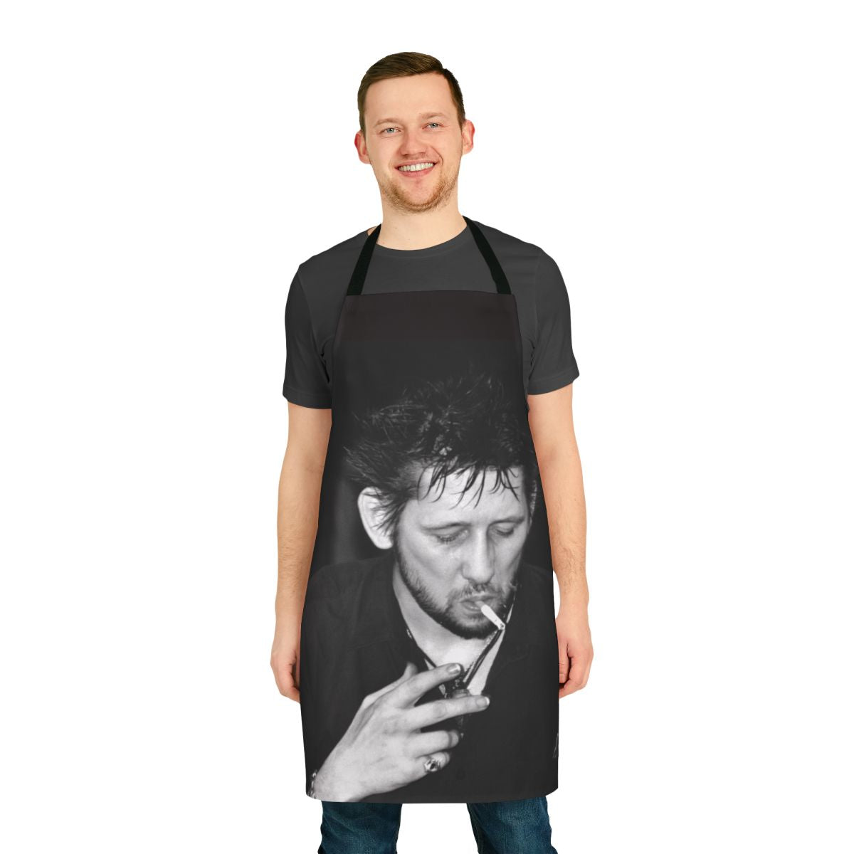 Apron featuring a photograph of punk rock singer Shane Macgowan of The Pogues smoking a cigarette