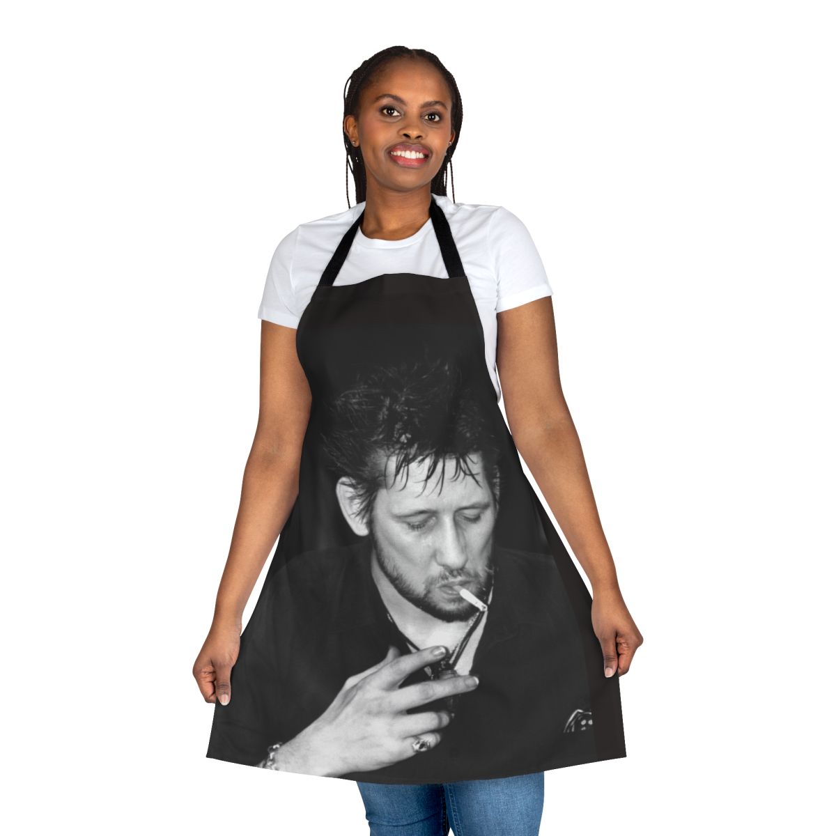 Apron featuring a photograph of punk rock singer Shane Macgowan of The Pogues smoking a cigarette