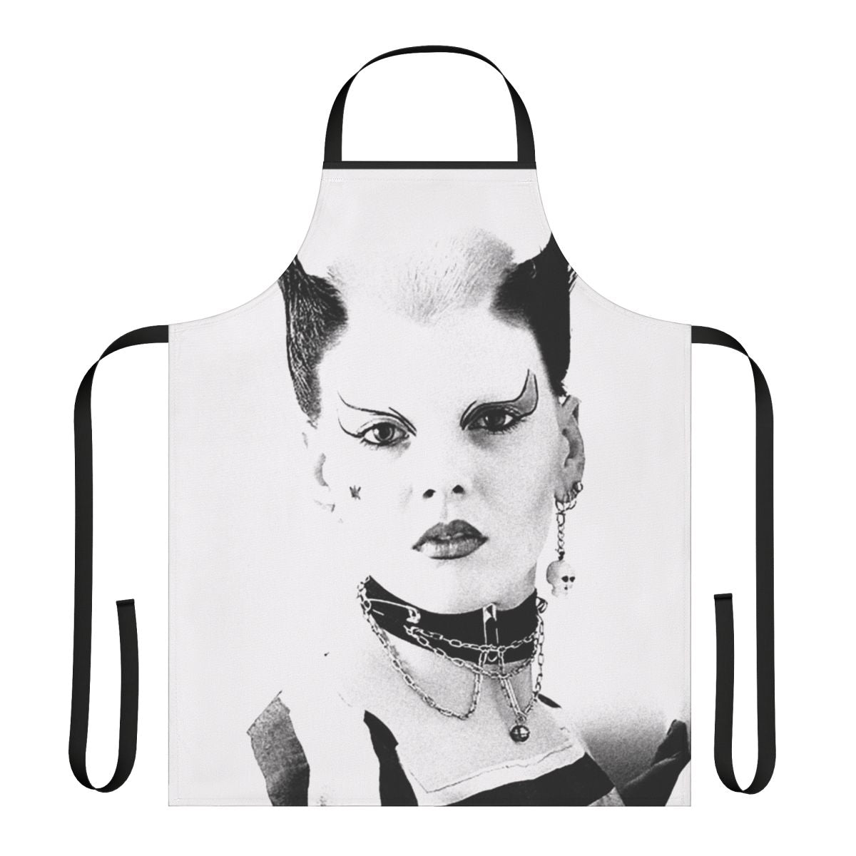 Punk rock style apron with text and graphics inspired by 80s punk culture