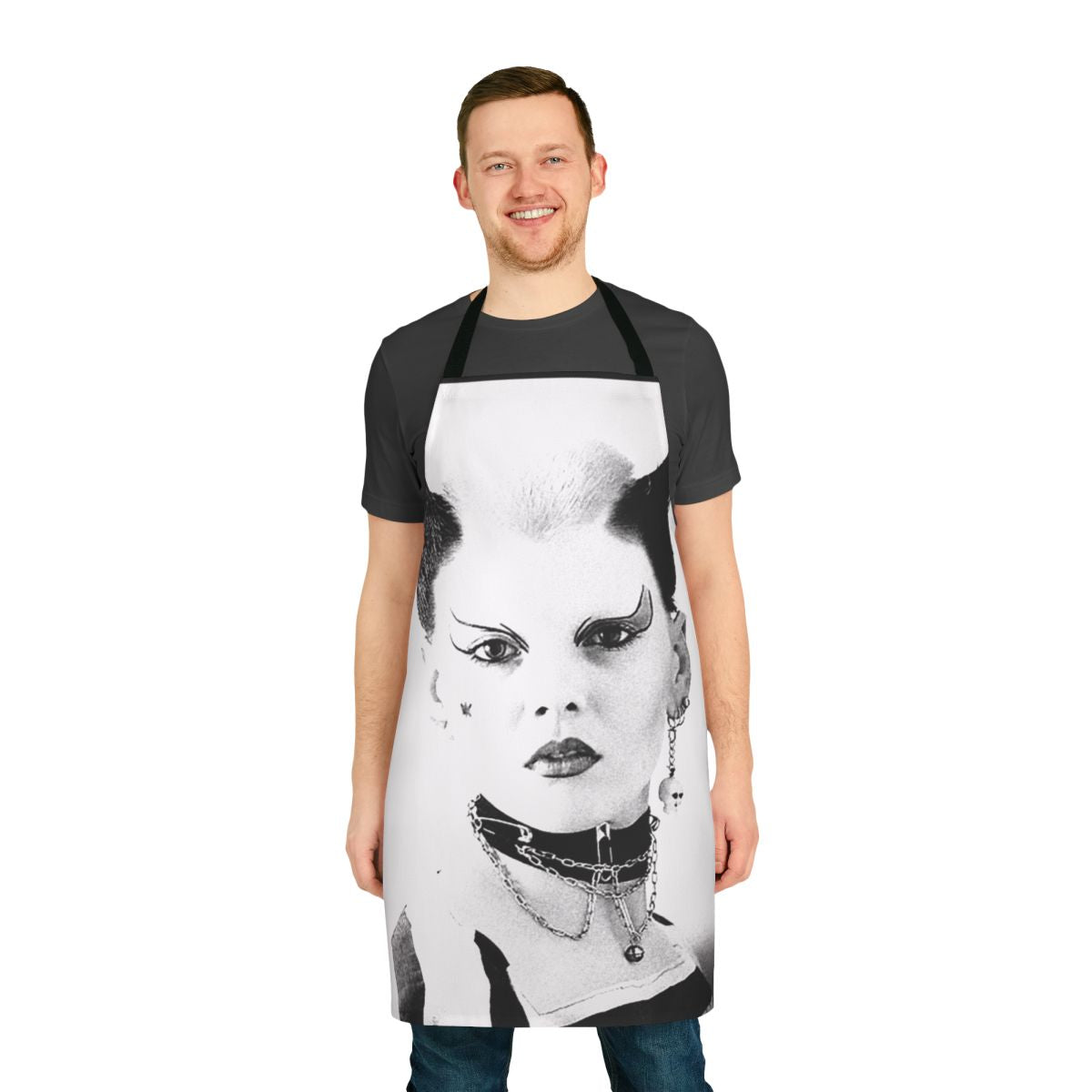Punk rock style apron with text and graphics inspired by 80s punk culture