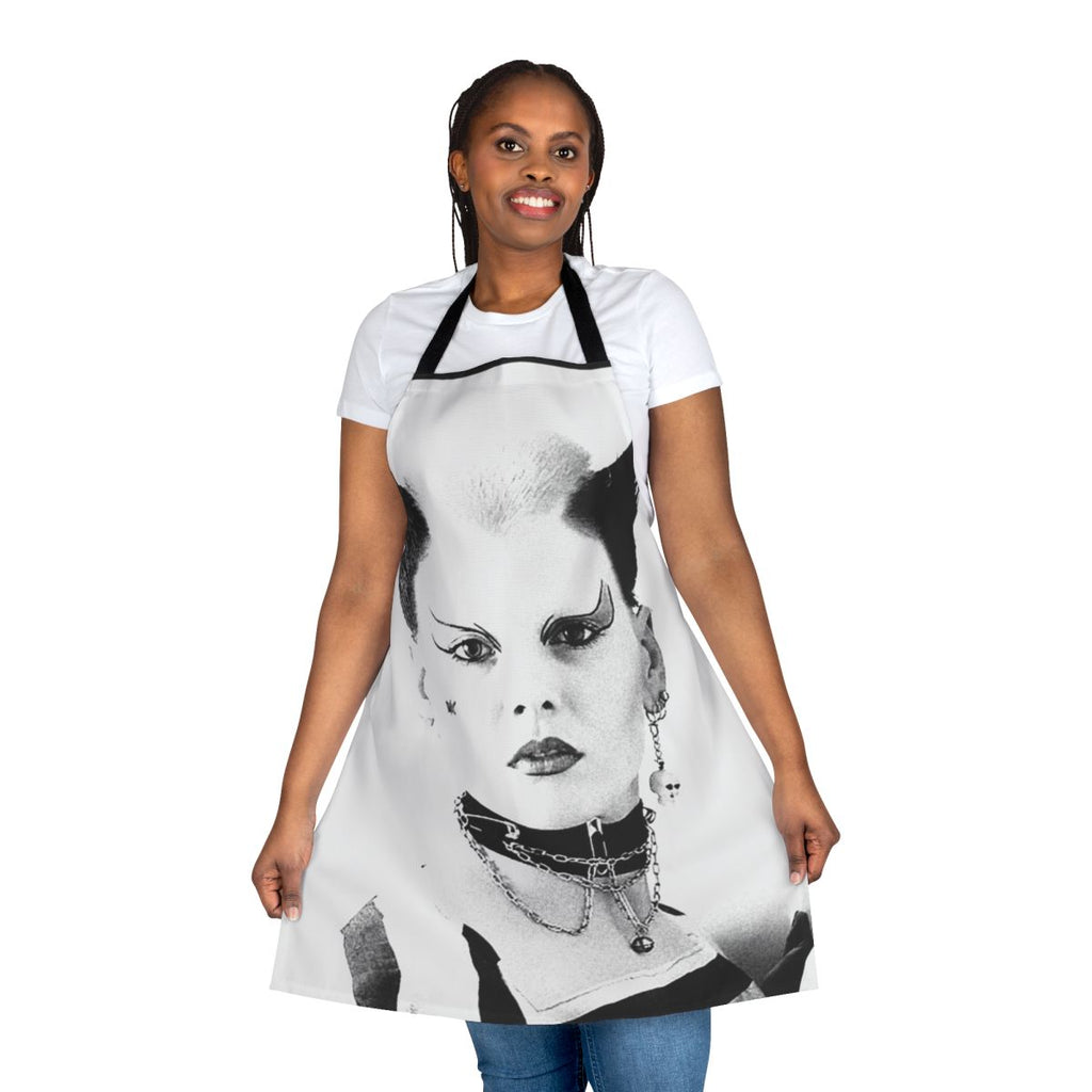Punk rock style apron with text and graphics inspired by 80s punk culture