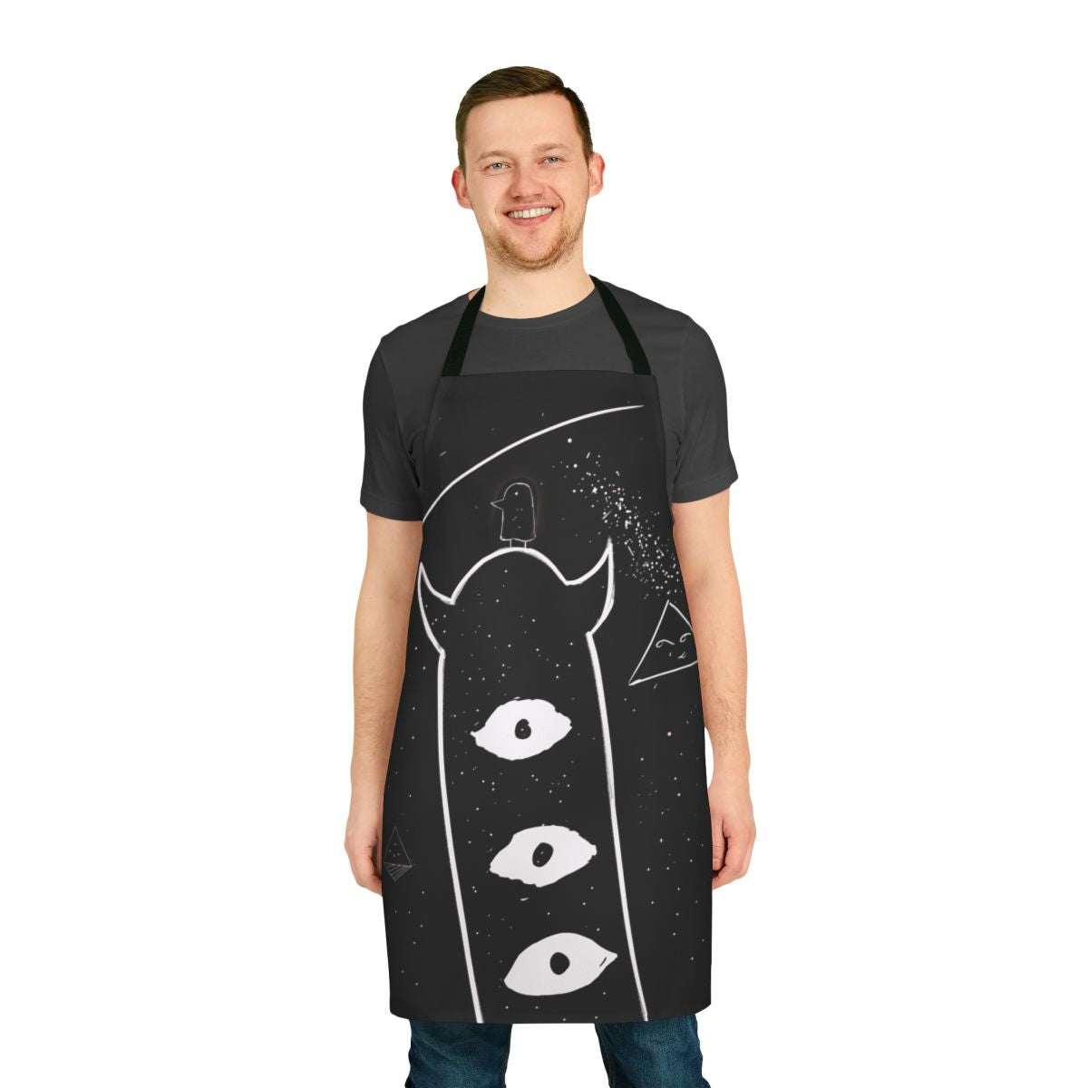 Punpun-inspired black and white apron with a space-themed design for fans of the manga series Oyasumi Punpun
