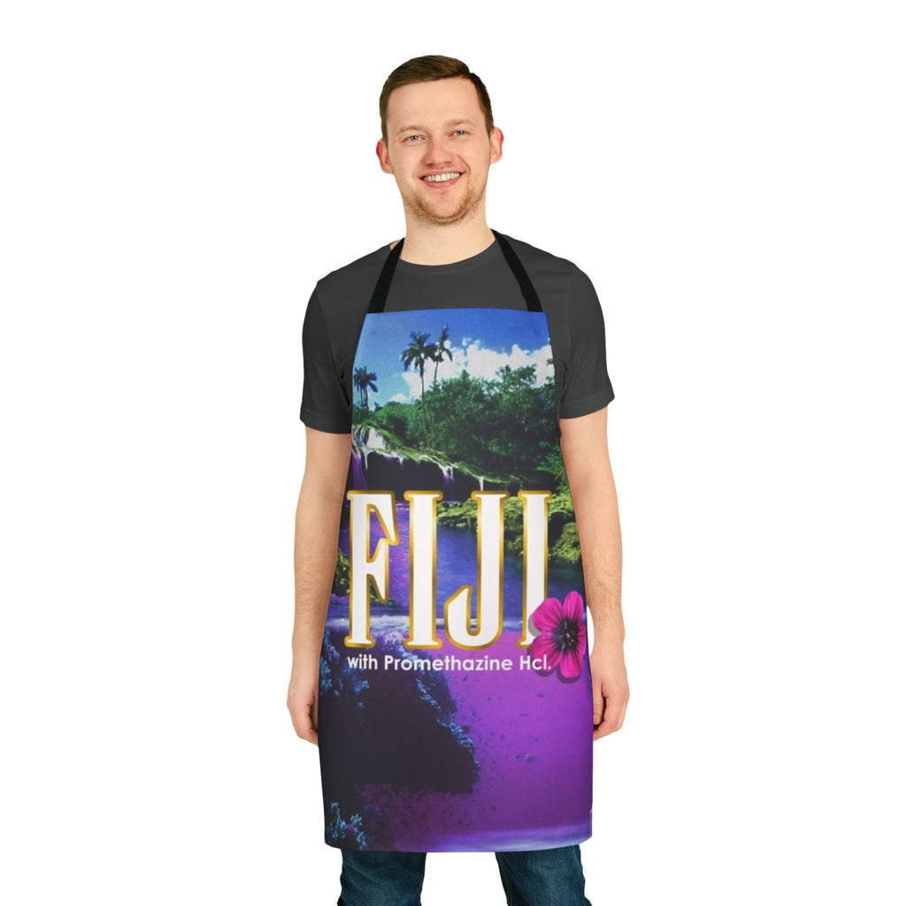 A purple dreamlike apron with a vaporwave inspired design.