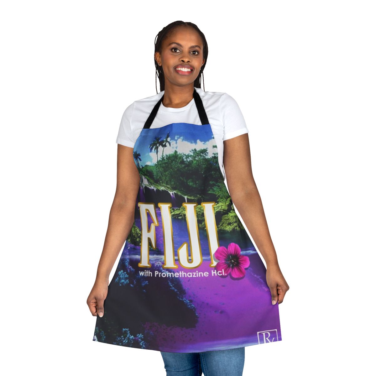 A purple dreamlike apron with a vaporwave inspired design.