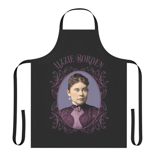 Purple dress apron with pansy brooch design, inspired by the Lizzie Borden case in Fall River, Massachusetts.