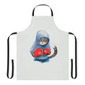 A blue and red patterned apron featuring a playful boxing cat design.