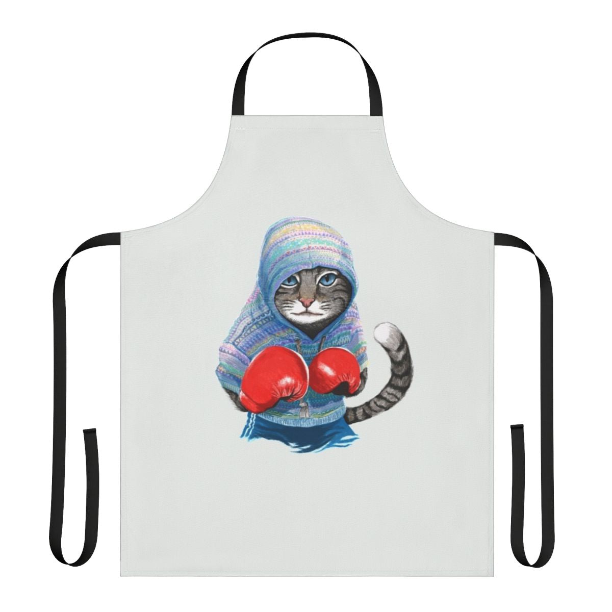 A blue and red patterned apron featuring a playful boxing cat design.