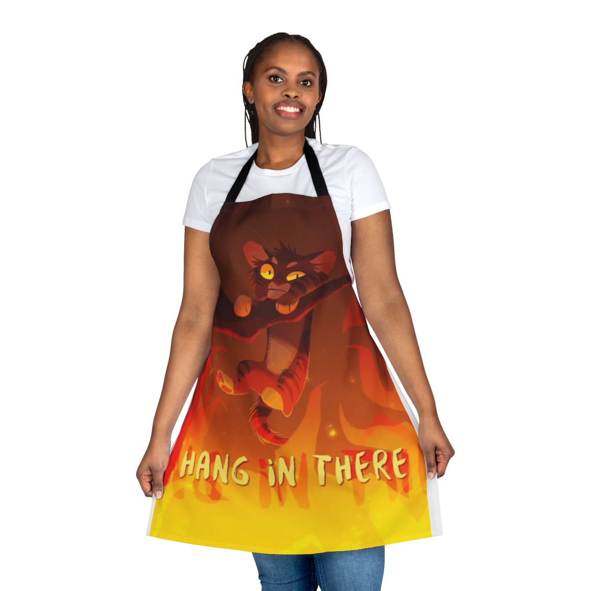 A cozy apron with a playful warrior cat kitten design, perfect for cat owners and fans of the Warrior Cats series.