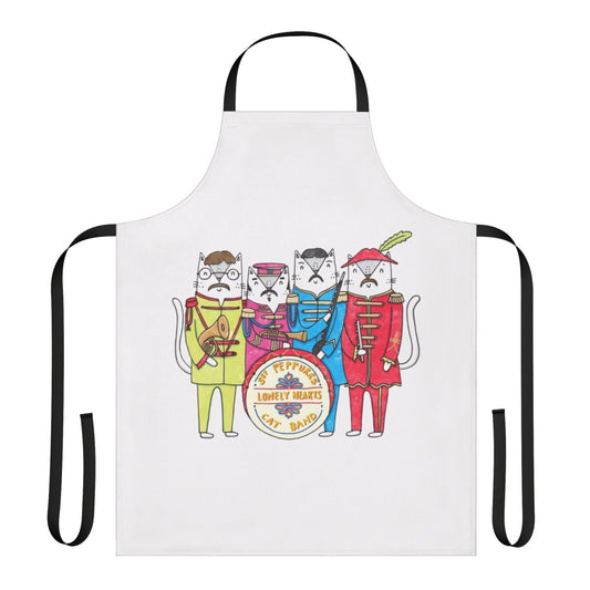 Whimsical apron featuring a cat-themed pun inspired by the Beatles' 'Sgt. Pepper's Lonely Hearts Club Band' album cover