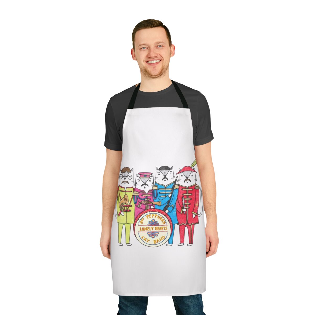 Whimsical apron featuring a cat-themed pun inspired by the Beatles' 'Sgt. Pepper's Lonely Hearts Club Band' album cover