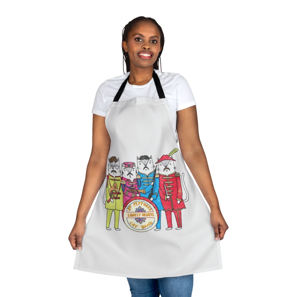 Whimsical apron featuring a cat-themed pun inspired by the Beatles' 'Sgt. Pepper's Lonely Hearts Club Band' album cover