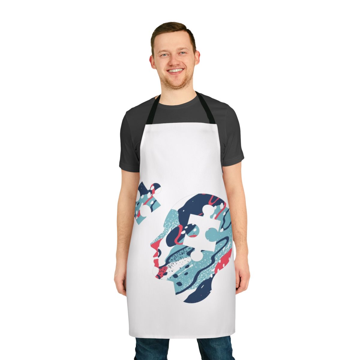 Brain puzzle pattern printed on a high-quality apron for cooking, baking, and other kitchen activities.