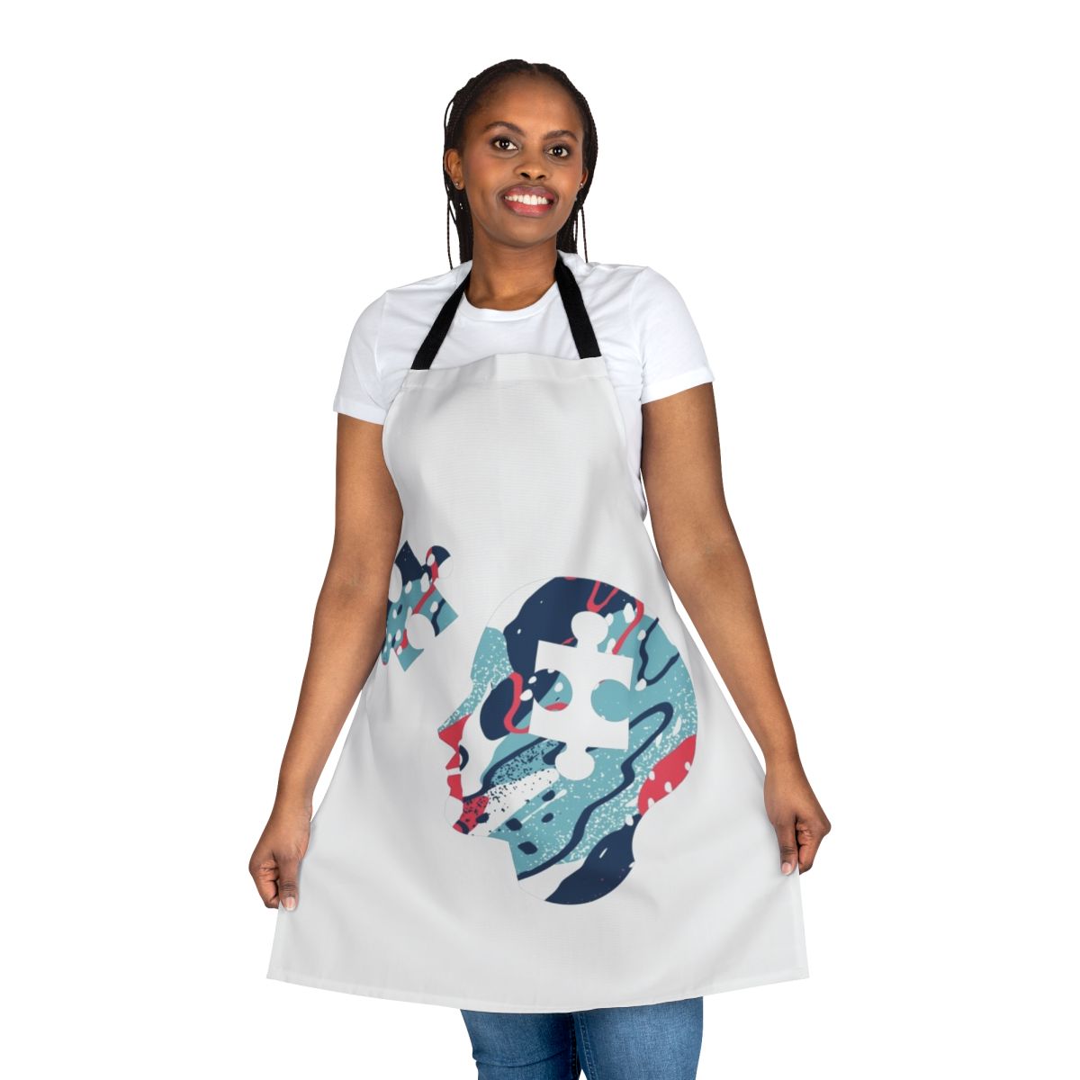 Brain puzzle pattern printed on a high-quality apron for cooking, baking, and other kitchen activities.