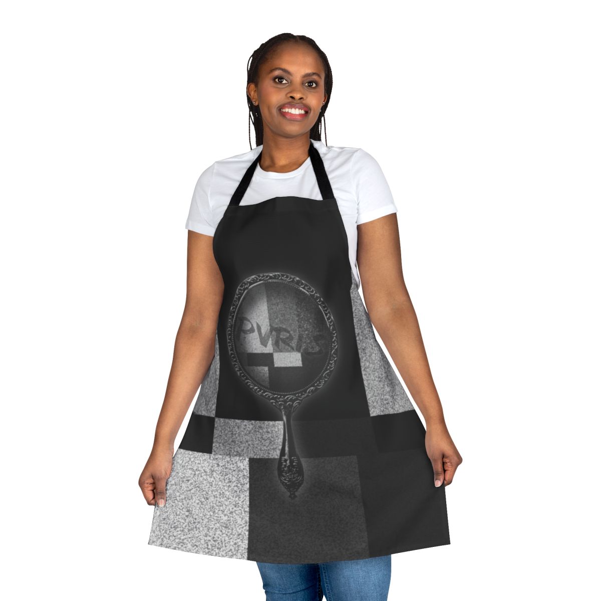 Pvris inspired white noise pattern apron featuring the band's logo and artistic design