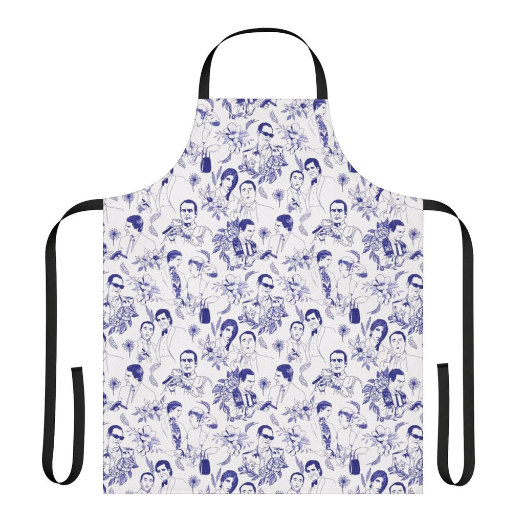 Quantum Leap inspired floral apron featuring characters Ziggy, Al Calavicci, and Sam Beckett