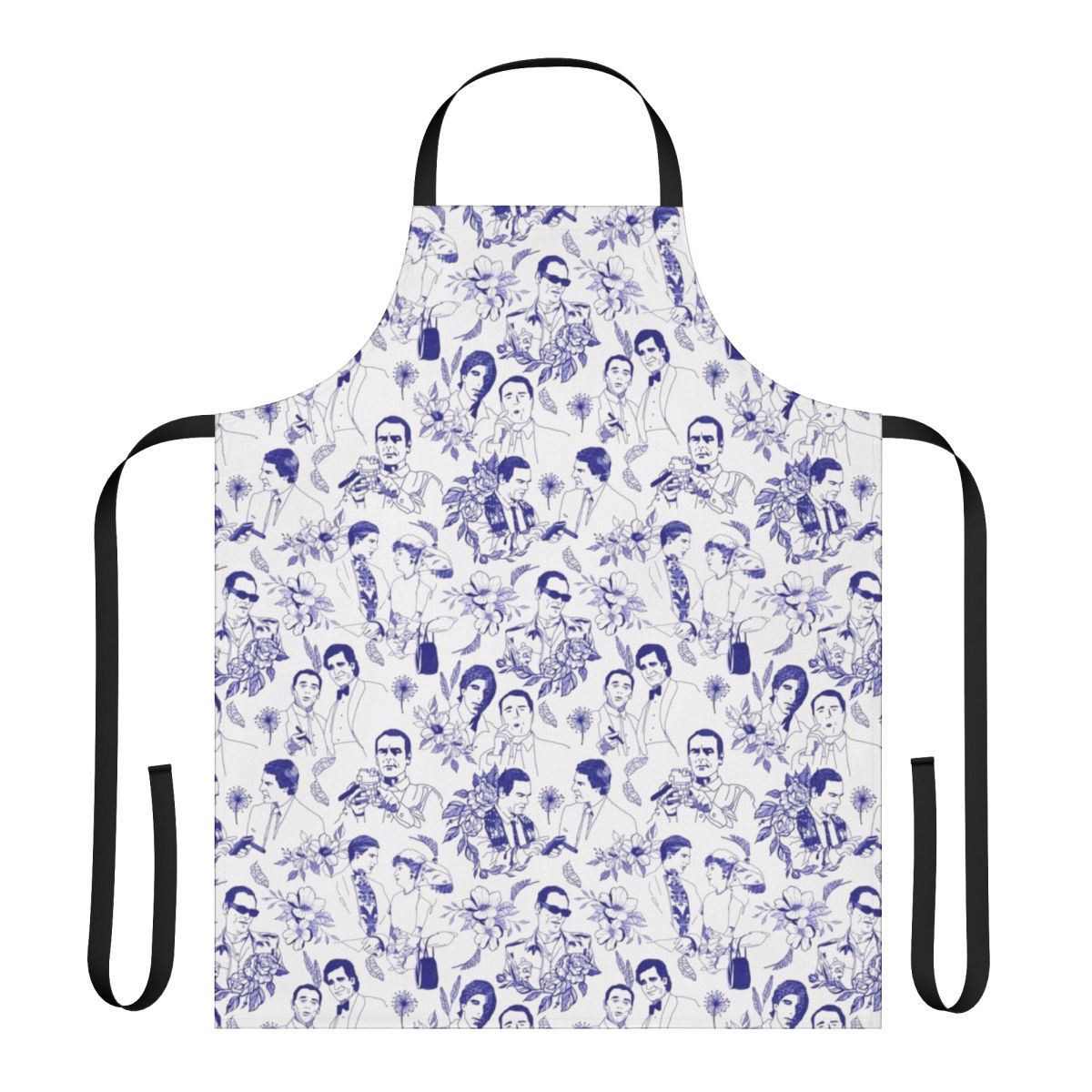 Quantum Leap inspired floral apron featuring characters Ziggy, Al Calavicci, and Sam Beckett