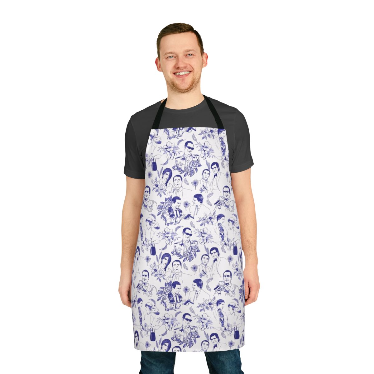 Quantum Leap inspired floral apron featuring characters Ziggy, Al Calavicci, and Sam Beckett