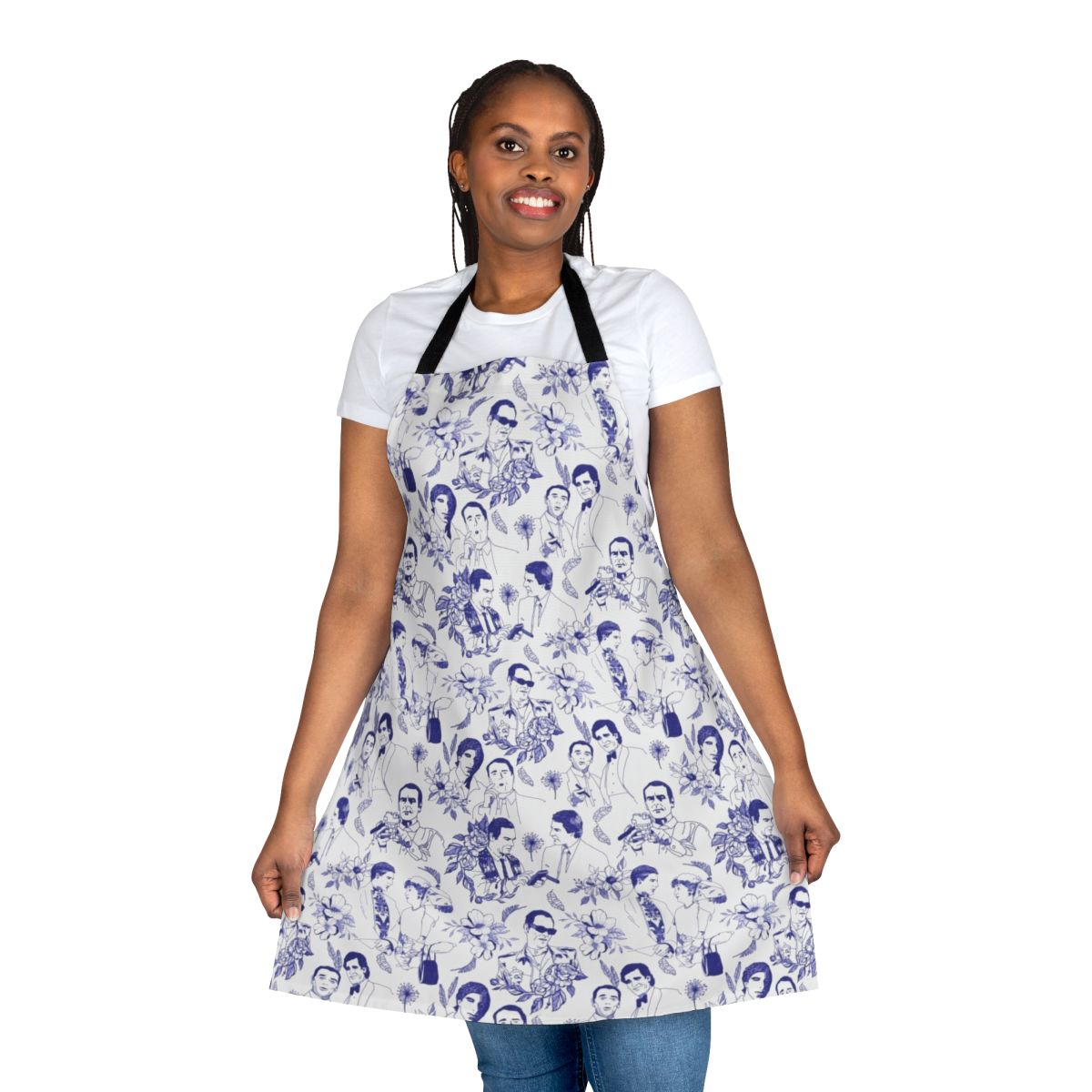 Quantum Leap inspired floral apron featuring characters Ziggy, Al Calavicci, and Sam Beckett